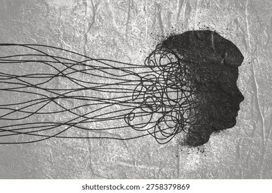 Stressed over thinking man with his head fuming. Psychotherapy, stress and psychosis. Brain damage, cognitive disfunction. A tangled nerves, symbolizing a depressed state of a person.