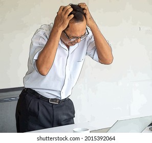 Stressed Senior Citizen Looking At Computer Screen Scratching His Head Using Both Hands With Frustrated Face. Watercolor Texture Art Image Of Upset Elderly Asian Old Man Confusing With Many Problems. 