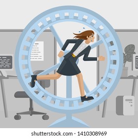 A stressed and tired looking businesswoman in an office running as fast as she can in hamster wheel to keep up with her workload or compete. Business concept illustration in flat modern cartoon style - Powered by Shutterstock