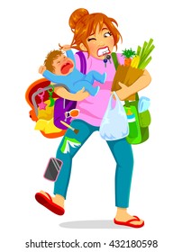 stressed woman carrying a crying baby and a lot of luggage