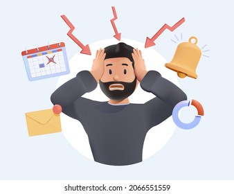 Stressed young man failed to meet deadline. Deadline pressure, stressful job.3d people character illustration. Information overload or job burnout with stress and chaos tiny person concept.