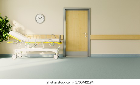 Stretcher In Front Of Hospital Room Door With Plant, Floor And Watch Realistic 3D Rendering