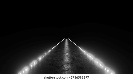 Stretching endlessly into the night, an empty road beckons with bright lights illuminating its path, evoking feelings of mystery, adventure, and the promise of exploration ahead