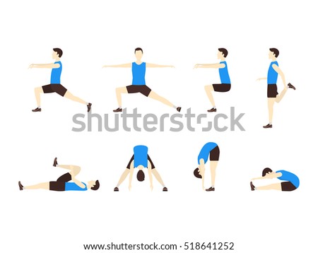 Stretching Exercise Set with Man Flat Design Style. Sports and Fitness for Health. illustration