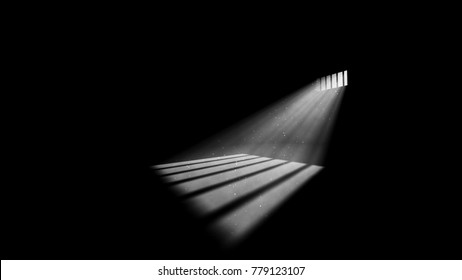 A striking 3d illustration of jail window light in a completely dark prison cell. The rays of sun look like a a beam of hope for freedom. They form wide stripes on jail floor.
