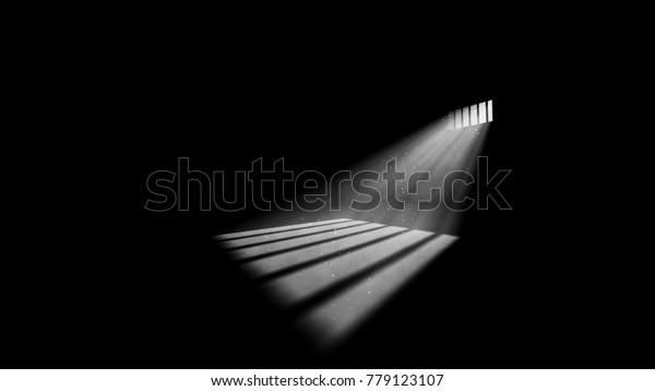完全に暗い監獄の監獄の窓明かりの印象的な3dイラスト 太陽の光は自由を求める希望の光のように見える 牢屋の床に大きな縞模様を作る のイラスト素材