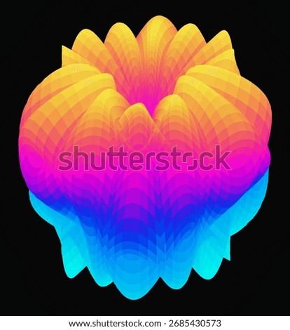 A striking 3D parametric surface rendered in neon gradients of cyan, magenta, and yellow with subtle black wireframe edges. Created through computational mathematics.