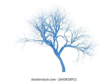 Striking 3D render of a bare tree, its intricate branches highlighted in a vibrant blue hue, isolated on a clean white background. Perfect for ethereal, winter, or abstract nature themes