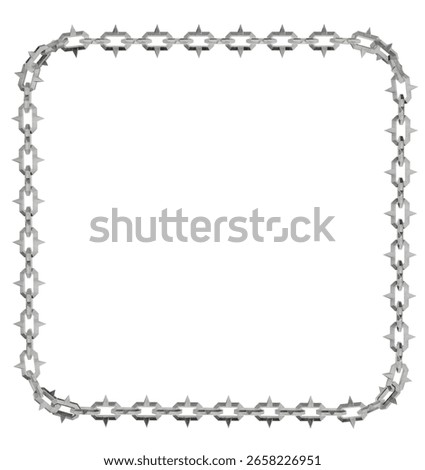 A striking 3D render of a square frame with rounded corners, crafted from aggressive metal chains with sharp, geometric links. Ideal for edgy digital borders or security themes.