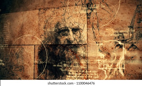 A striking 3d rendering of code Da Vinci with the portrait of the Italian master, a human skull, some crane, inscriptions and the Vitruvian man showing the anatomy of a man. 