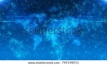 A striking 3d rendering of a digital world map from tiny bits sparkling as a cloudware in the light blue background. The global village effect in a cyber variant forces to plunge in reflection. 