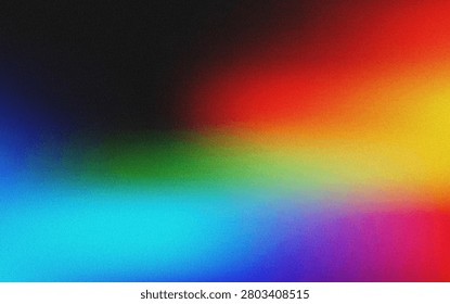 A striking abstract background with a bold horizontal gradient featuring dark blues, vibrant reds, bright yellows, and cool turquoises, all textured with film grain.