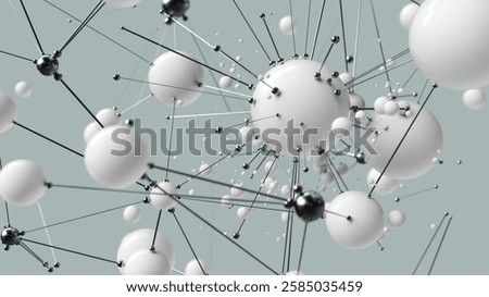 A striking abstract image of interconnected white and black spheres symbolizes atoms, set against a soft light background that highlights the complex molecular structure. High quality. 3D Illustration