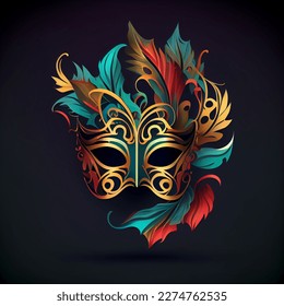 Striking carnival mask with theatrical flair, featuring dramatic features like long feathers, sequins, and a bold gold, blue and red color scheme. Elegant Venice realistic 3d mysterious mask - Powered by Shutterstock