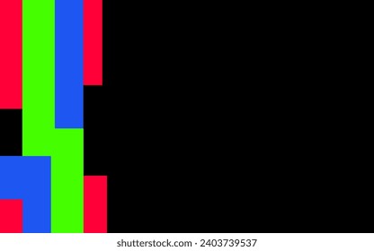 striking colorful blocks, with green, red and blue dominating. These blocks sit against a dark background, providing a dramatic contrast.