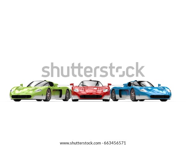 Striking concept super cars in\
red, green and blue base colors with white details - 3D\
Illustration