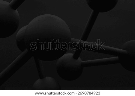 A striking dark grey 3D render of spheres and rods forming an abstract interconnected molecular network, featuring soft lighting and a matte finish