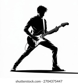 A striking flat vector illustration featuring the solid black silhouette of a male guitarist captured in a dynamic, energetic performance pose. The musician stands powerfully, with a defined head 
