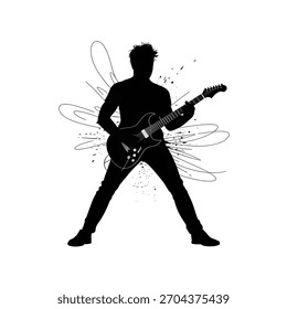 A striking, flat-style vector illustration featuring the solid black silhouette of a male guitarist captured in a dynamic, energetic pose. The musician stands with legs apart, fully immersed.