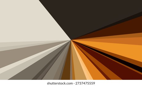 A striking geometric background features a central vanishing point with radial rays. Sharp lines in a warm palette of amber, terracotta, and slate grey create a sense of dynamic motion.