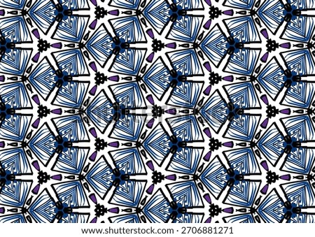 Striking geometric seamless pattern. Bold indigo and purple tribal style motif with strong line work. High contrast abstract design perfect for modern textile print, wallpaper contemporary fashion.