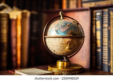 Striking Illustration Of A Globe In An Antique Bookstore, Gives A Feeling Of Scholarly Erudition, Illustration 3D