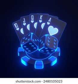 A striking image of neon blue poker cards, dice, and a chip, symbolizing casino gaming and nightlife excitement. 3D render illustration - Powered by Shutterstock