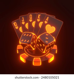 A striking image of neon orange poker cards, dice, and a chip, symbolizing casino gaming and nightlife excitement. 3D render illustration - Powered by Shutterstock