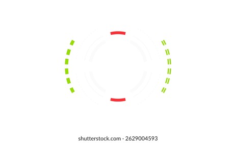 A striking, minimalist design featuring concentric circles in white, punctuated by bright lime green and crimson red segments