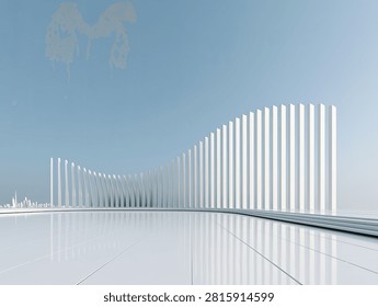 A striking modern architectural design featuring a white, curved facade with vertical elements, set against a clear blue sky and reflected on a glossy surface.