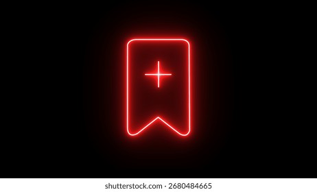 A striking red neon outline of a bookmark icon, featuring a central plus sign, is displayed against a dark background, indicating a save or add function.