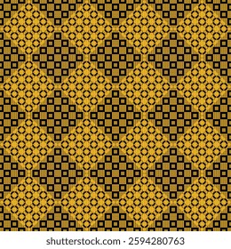 A striking seamless pattern featuring geometric squares and rhombuses in bold black against a goldenrod backdrop. Ideal for physical fashion, personalized home textiles, and sustainable digital prints