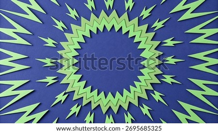 striking visual effect created with paper cutouts, featuring a jagged green circle at the center surrounded by smaller lightning bolt shapes on a deep blue background.