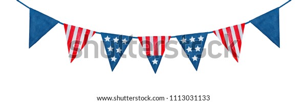 アメリカ国旗の飾り文章 の弦 白い背景に手描きの水彩色のグラフィックペイント 愛国的なデコールとデザイン用の分離型クリップアートエレメント 濃い青と明るい赤 のイラスト素材