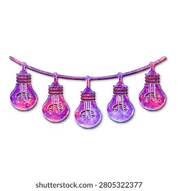 A string of five glowing light bulbs with a vibrant purple and pink cosmic galaxy texture isolated on a white background.