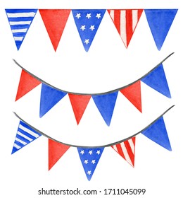 String Garland Of American Flag Set. Hand Drawn Watercolor Illustration On White Background. Isolated Hanging Party Decoration For 4th Of July Patriotic Design Of Navy Blue, Bright Red Color