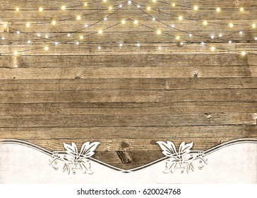 String Of Lights Glowing On Rustic Wood With Textured Border