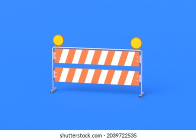 Striped barrier, hurdle with yellow lamps on blue background. Road repair concept. No entry, dead end. Dangerous area. Restriction, blocking of movement. 3d render
