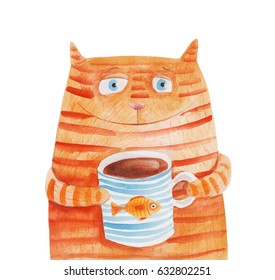 Striped cat with mug with fish. Watercolor illustration. Hand drawing - Powered by Shutterstock