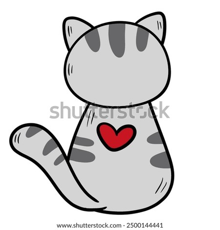 Striped Gray Cat Sitting with Back Turned Cartoon Clipart.