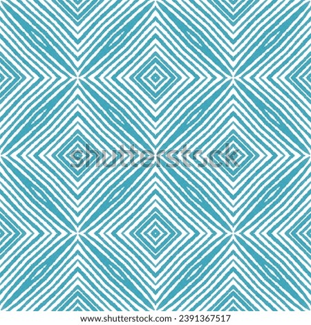 Striped hand drawn pattern. Turquoise symmetrical kaleidoscope background. Repeating striped hand drawn tile. Textile ready classic print, swimwear fabric, wallpaper, wrapping.