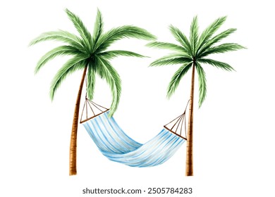 Striped hanging hammock with Green palm trees. Lazy summer clipart. Watercolor hand drawn floral jungle illustration isolated on background. For designers, postcards, greetings, birthday, calendar, wa - Powered by Shutterstock