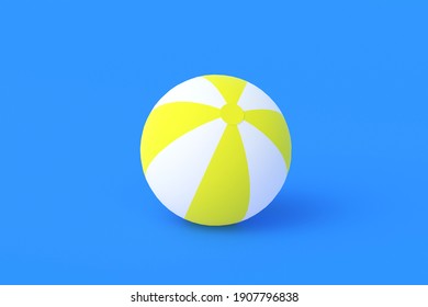 Striped inflatable beach ball on blue background. Recreation on sea or pool in summer. Fun game in summertime. 3d rendering