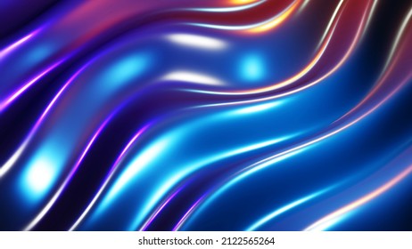 Striped Neon Lights Waves Background, Abstract Purple Blue Liquid Metal Wavy Design, 3D Render Illustration.