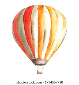 Striped orange hot air balloon and basket  Watercolor hand painted vintage aircraft objects isolated white background  Retro transportation cartoon illustration for children book  decor  scrapbook