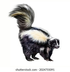 The striped skunk (Mephitis mephitis), realistic drawing, illustration for the encyclopedia of animals of North America, isolated image on a white background