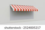 Striped street shop tent 3d illustration on white wall. Realistic striped cafe awning on white wall. Outdoor market tent. Roof canopy. Summer street store.