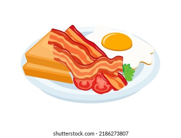 Strips Of Fried Crispy Bacon, Egg And Toast On A Plate Illustration. Breakfast With Bacon And Egg Drawing. Bacon, Toasted Bread And Fried Egg Icon Isolated On A White Background