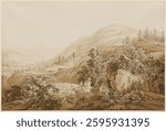 Strollers in the Hills Above Carlsbad (c 1805) by Adrian Zingg. Vintage nature landscape artwork. Vintage painting of nature, illustration art.
