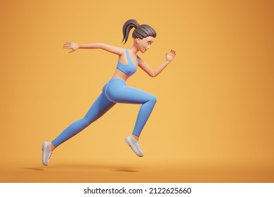 Strong beautiful woman in blue sportswear fast run over yellow background. 3d render illustration.